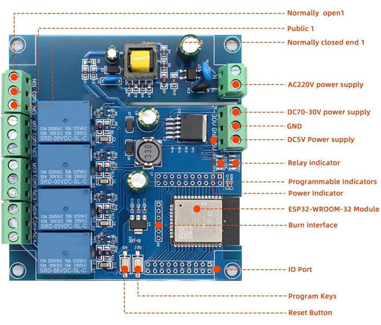 Overview of ESP32 relay board connectors